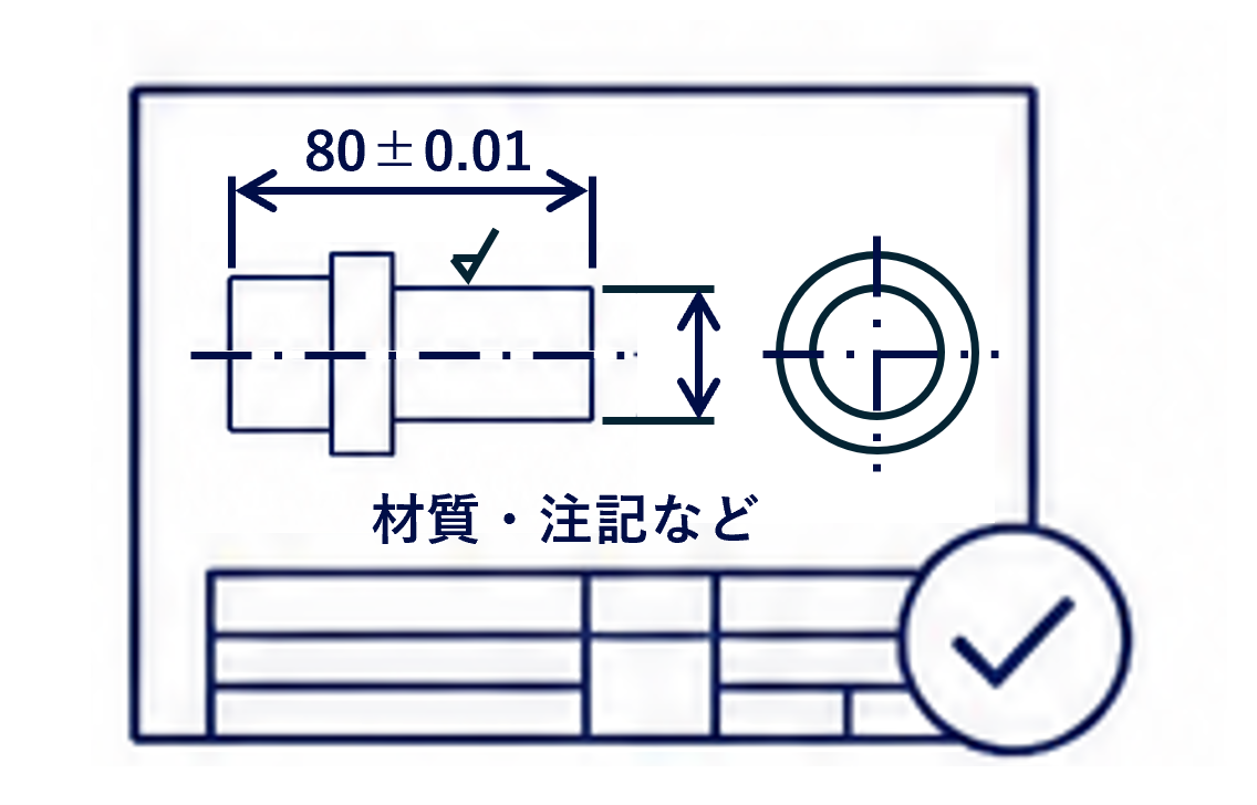 寸法・公差・注記・表題欄が入った完成した部品図のイメージ
